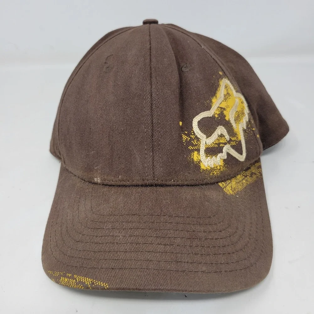 Fox Racing Flexfit Hat Brown Embroidered Logo Baseball Cap Mens S/M Distressed